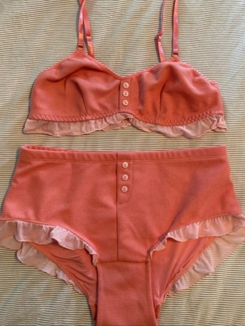 NWOT Knotty Ruffle-Trim Ribbed Bralette & High-Waist Panty Set in Coral Pink